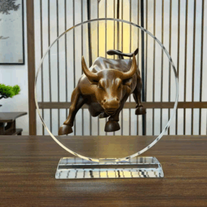Wall Street Bull Hand-Art-Enhanced 3D Round Crystal (Ready-Made)